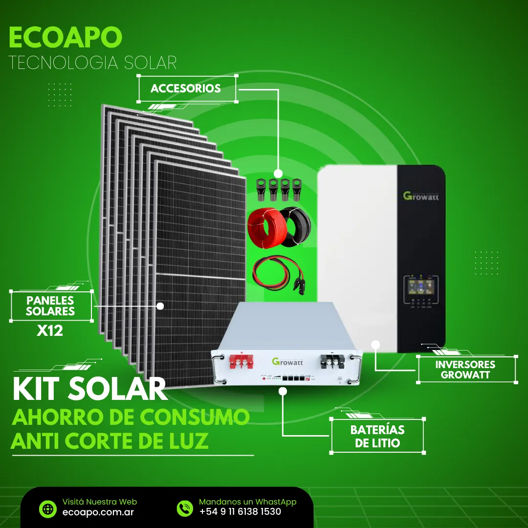 Kit solar EcoApo de 12 paneles solares con inversores Growatt y baterías de litio, para ahorro de consumo y respaldo ante cortes de luz